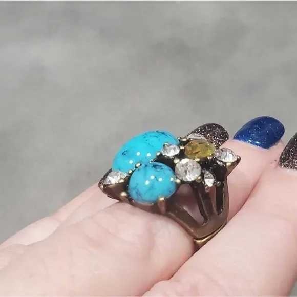 Turquoise Yellow Stone Rhinestone Statement Ring Antique Brass Stretch‎ Band - Picture 2 of 6
